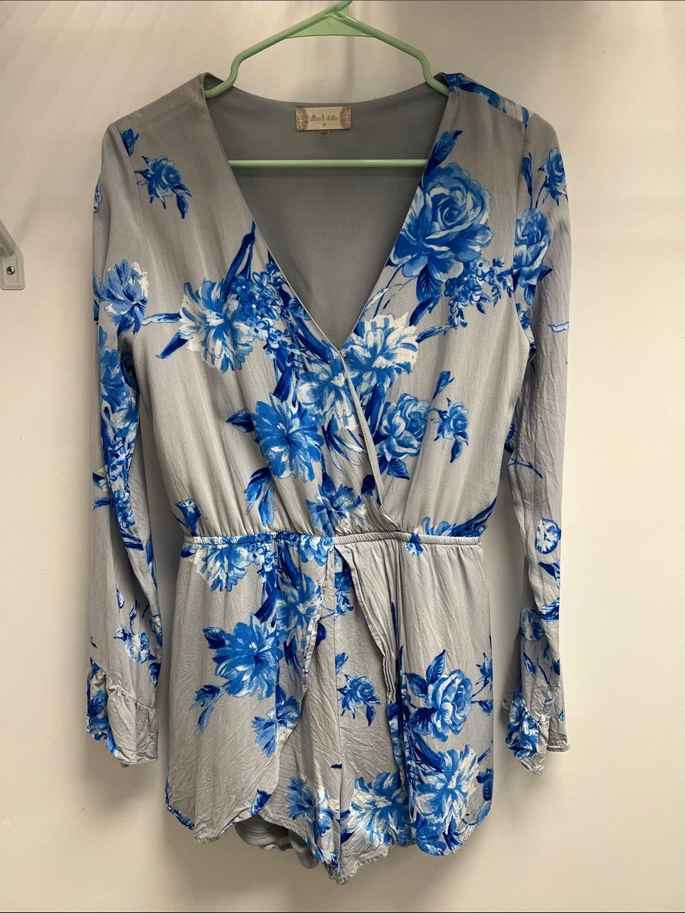 Altar'd State Gray Romper with Blue Floral Print